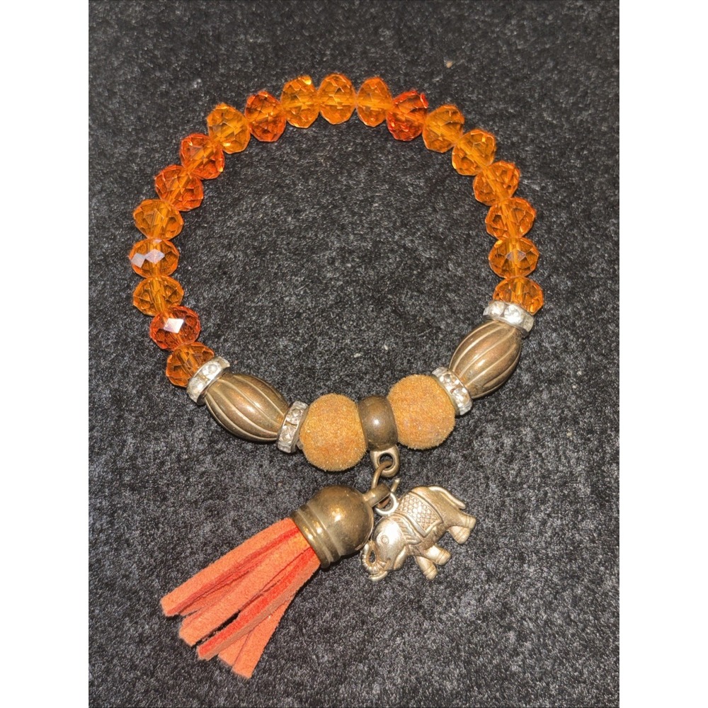 Vintage Orange Bead Beaded Stretch Bracelet With Tassel & Elephant Charm